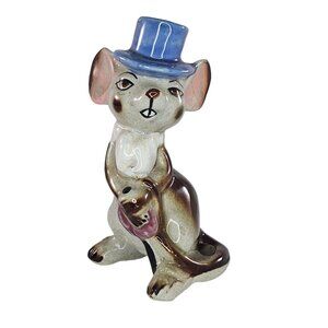 Vintage Ceramic Mouse Figurine Blue Top Hat Cane Anthropomorphic *Repair*